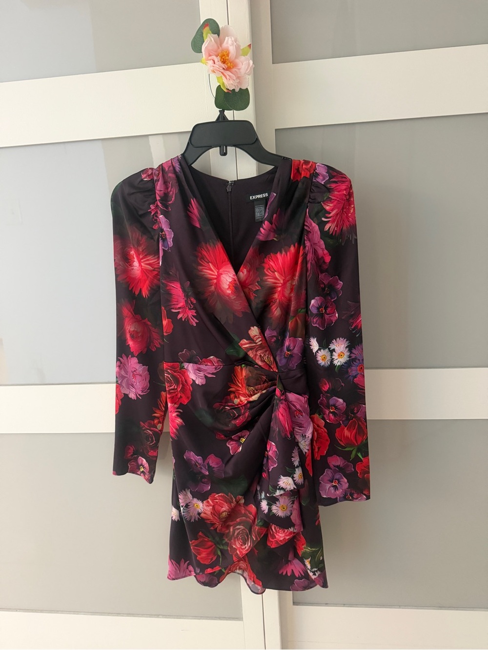Express Black Floral Long-Sleeve Wrap Dress with Red & Purple Blooms